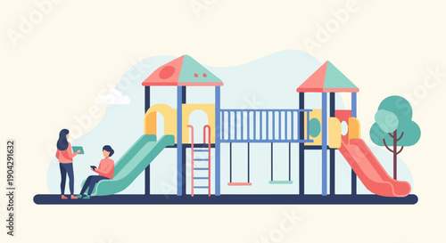 A modern playground with two figures, featuring slides, swings, and a tree