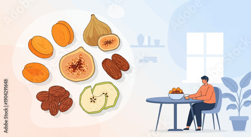A person enjoys dried fruits at a table indoors with a plant