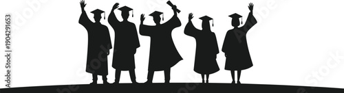 Black silhouette illustration of six graduates wearing caps and gowns, celebrating academic achievement with diplomas raised, symbolizing education success, inspirational milestone in life.