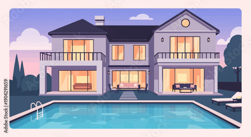 A modern pixel art house with a swimming pool and lounge chairs