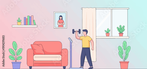 A person exercises with weights in a room with a sofa and plants