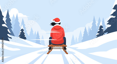 A person in a red jacket and Santa hat sleds down a snowy hill