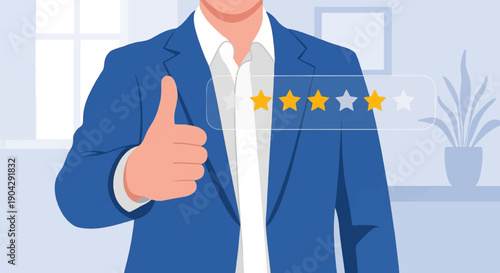 A person in a suit gives a thumbs-up, with a rating of stars above