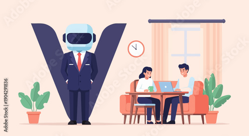 A person in a suit with a robot head stands beside a couple working