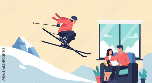 A skier jumps over mountains while a couple relaxes indoors