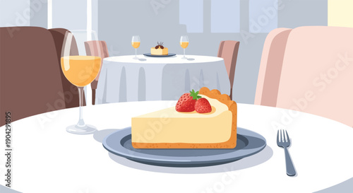 A slice of cheesecake with strawberries and a glass of amber liquid on a table