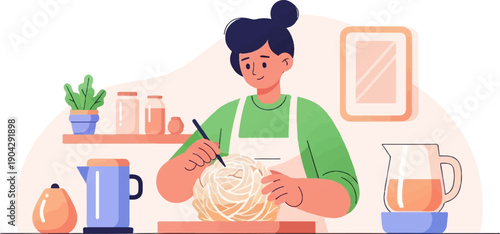 A person in an apron prepares food in a kitchen with cooking supplies