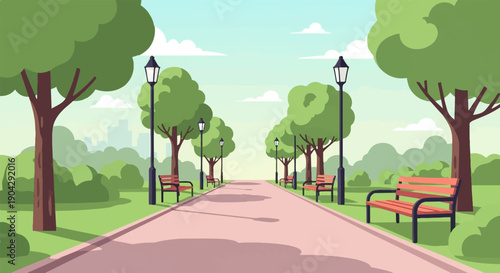 A picturesque park path lined with trees, benches, and lampposts