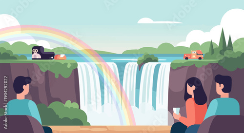 A picturesque scene unfolds with a cascading waterfall, a vibrant rainbow arching over, and people enjoying the view