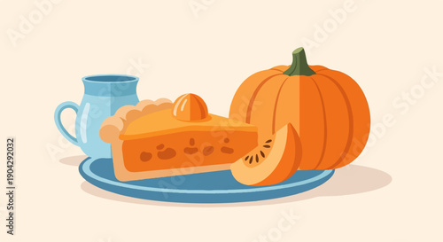 A slice of pumpkin pie with a whole pumpkin and a slice on a plate