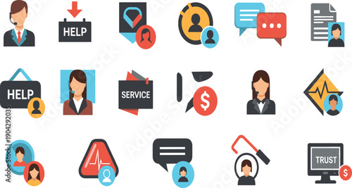 Customer Support and Service Vector Icon Set with Help Desk, Assistance, Communication, Trust, and Business Support Symbols in Flat Style