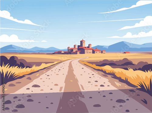 A picturesque, sun-drenched path leads toward a distant, historic village settlement