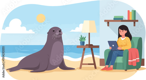 A seal rests on a beach while a woman works on a laptop indoors