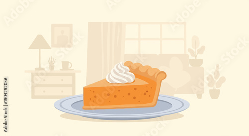 A slice of pumpkin pie with whipped cream on a plate