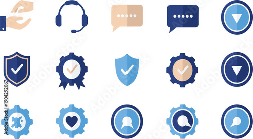 Customer Support and Trust Vector Icon Set with Headsets, Chat Bubbles, Security Shields, Service Badges, and Business Assurance Symbols