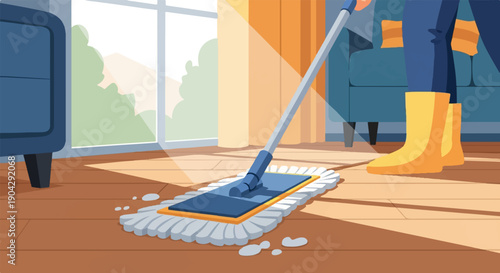 A person in yellow boots cleans a wooden floor with a mop on a sunny day