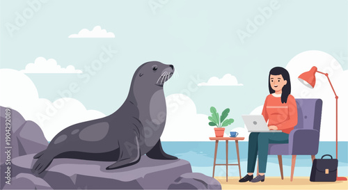A seal rests on rocks by the ocean while a woman works remotely indoors