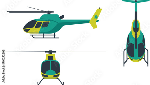 Helicopter vector illustration, side view, front view, top-down perspective, aviation design elements, aircraft silhouette graphics, transportation icons, engineering educational material