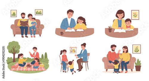 Illustrations of people spending time together on a couch or outdoors in a colorful, flat style with a mix of indoor and outdoor settings.