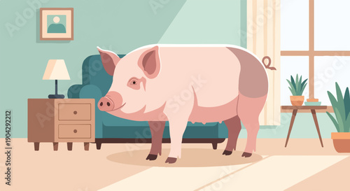 A pig stands in a cozy living room with plants and a picture on the wall