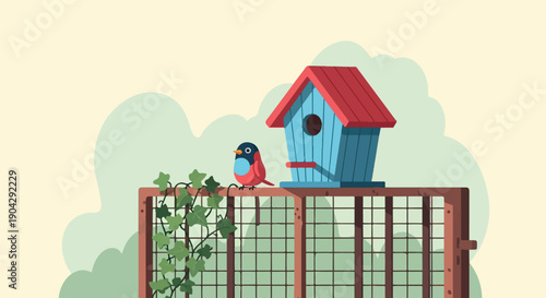 A small bird perches on a fence next to a blue birdhouse