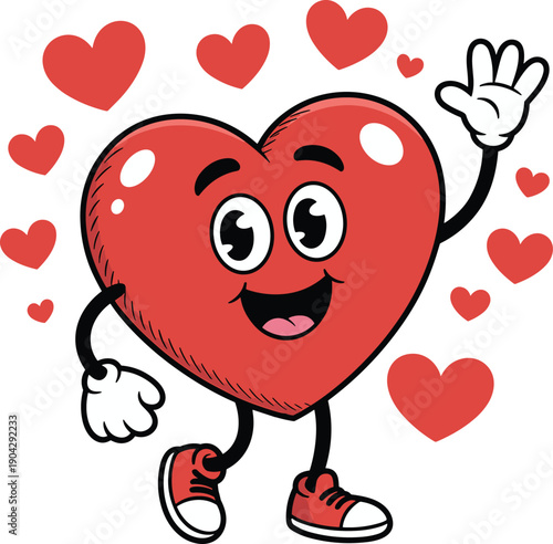 Cartoon heart character vector illustration, smiling anthropomorphic design with sneakers and gloves, playful romantic artwork, love themed celebration icon graphics