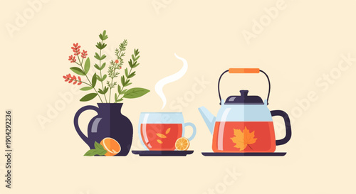 A warm beverage with decorative plants and autumn elements