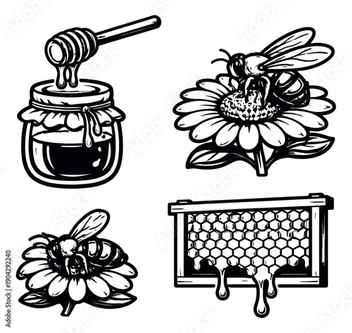 Hand drawn line art honey bee set featuring a honey jar and dipper, honeycomb, and bees on flowers for natural product designs