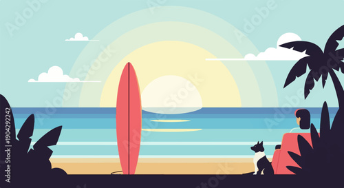 A serene beach scene with a surfer's board, a person, and dog at sunset