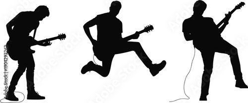 Black silhouette illustration of three electric guitarists in dynamic poses, jumping and performing live rock music, artistic design perfect for concerts, festivals, and creative projects.