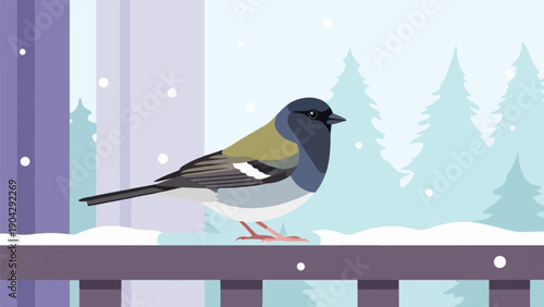 A small bird with muted colors perched on a snowy railing, winter trees background
