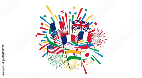 Colorful illustration of assorted international flags with fireworks on white background.