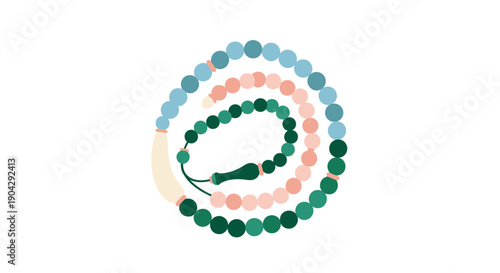 Colorful prayer beads arranged in a circular pattern on a plain white background.