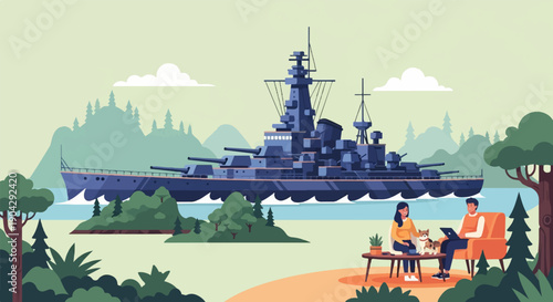 A serene landscape featuring a large naval vessel and a couple enjoying leisure time