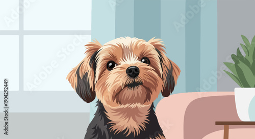 A small, fluffy dog with brown and black fur sits indoors