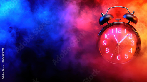 Vintage Alarm Clock Surrounded by Colorful Smoke and Light Effects