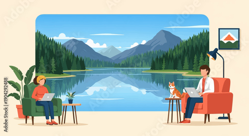 A serene mountain lake reflection with people and a dog working remotely