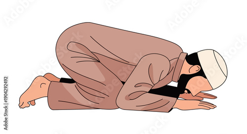 Man in traditional Islamic attire performing prayer on the floor with hands crossed.