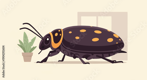 A whimsical illustration of a large spotted beetle near a potted plant and window