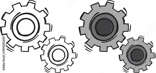 Gear Mechanism Icon Set, Settings and Industrial Process Symbol, Hand Drawn Sketch Vector