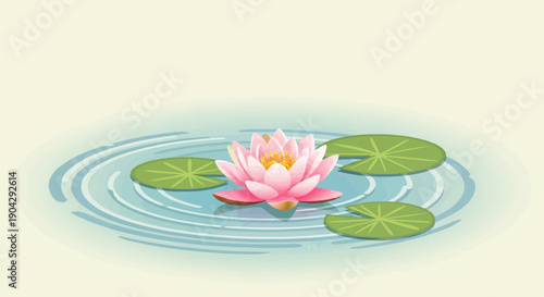 A serene pond scene featuring a vibrant pink water lily surrounded by lily pads