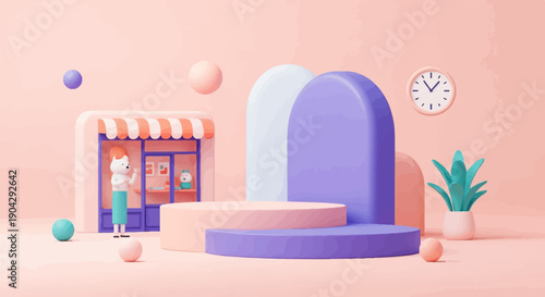 A whimsical, minimalist 3D scene with pastel colors, a storefront, and display platforms