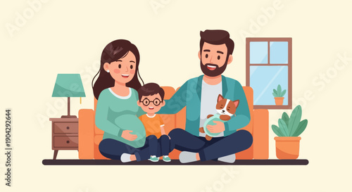 A smiling family of three and their dog sit on a couch in a living room
