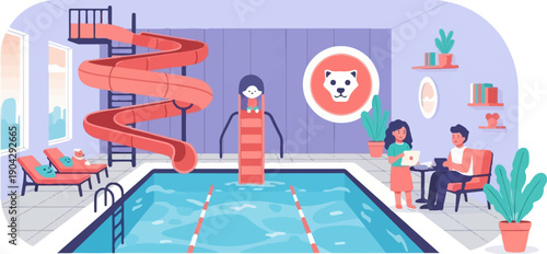 A whimsical indoor pool scene with a red water slide and people relaxing