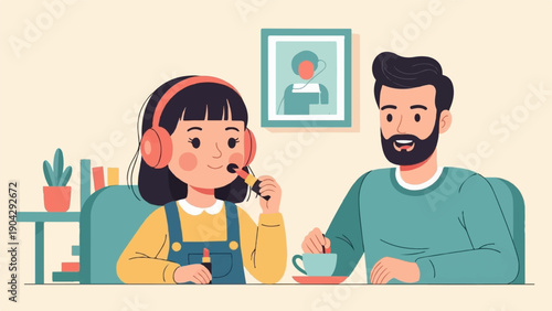 A smiling girl with headphones applies makeup while a man sips coffee