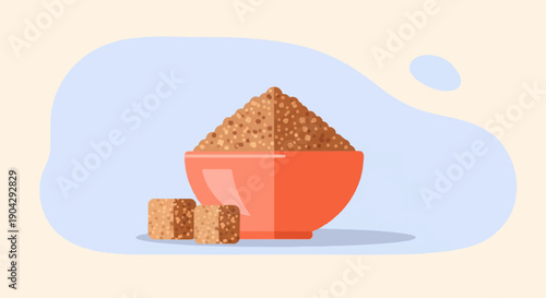 A red bowl filled with granular brown sugar beside two sugar cubes