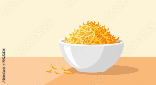 A white bowl overflows with bright yellow shredded food