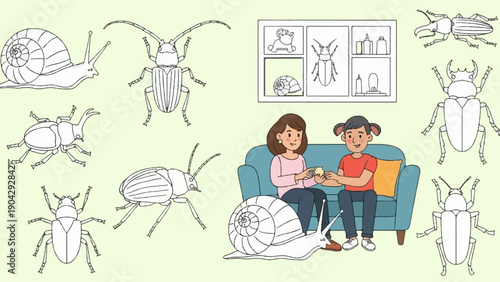 A whimsical scene with outlined insects, a snail, and a family on a couch