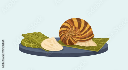 A snail sits on a mat beside food on a platter