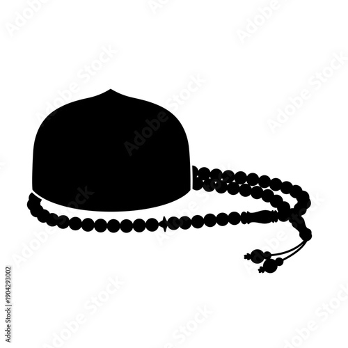 Tasbih prayer beads and cap vector silhouette, Islamic rosary and taqiyah, for mockup or template isolated on White Background